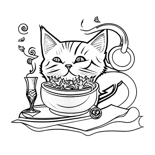 A Blackwork Tattoo Of A Smoking Cat Watching A Movie On A Beach With A Glass Of Wine