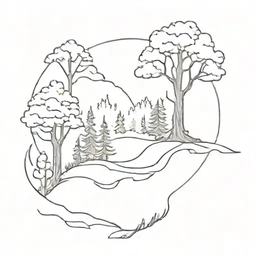 A Minimalist Tattoo Of A Tranquil Forest Scene With A Hidden Knife Somewhere In The Design