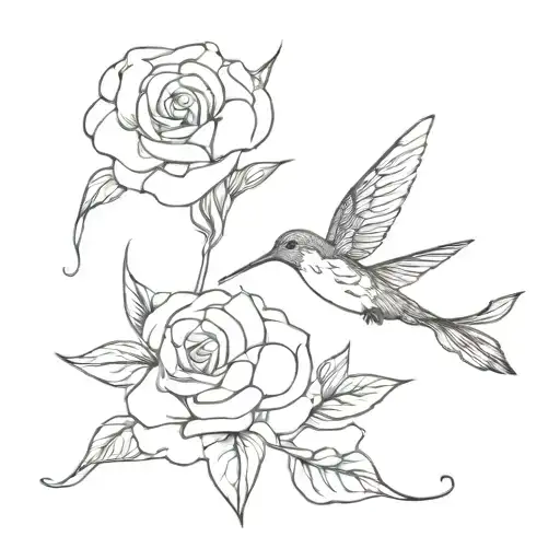 Bignonia Flower And One Hummingbird Feeding Himself Of Two Roses