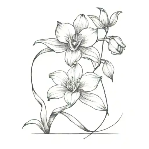 Tulip And Orchid Tied Together With Bow Fine Line