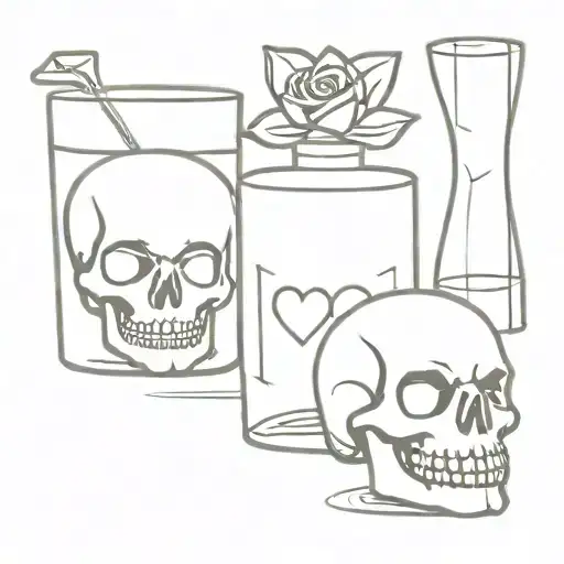 Tequila Bottle With Skull On It And Two Heart Shot Glasses