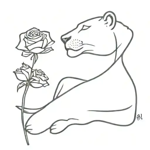 Lioness With A Rose In Its Mouth And Two Birds Flying Over Head