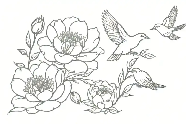 Peonies And Bird Flying