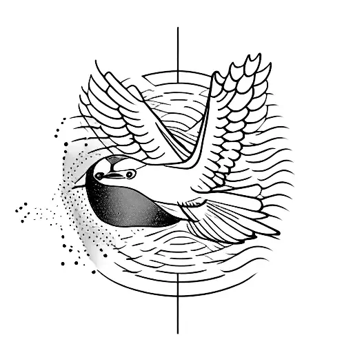 A Minimalist Tattoo Of A Swallow Bird Flying Over The Sea