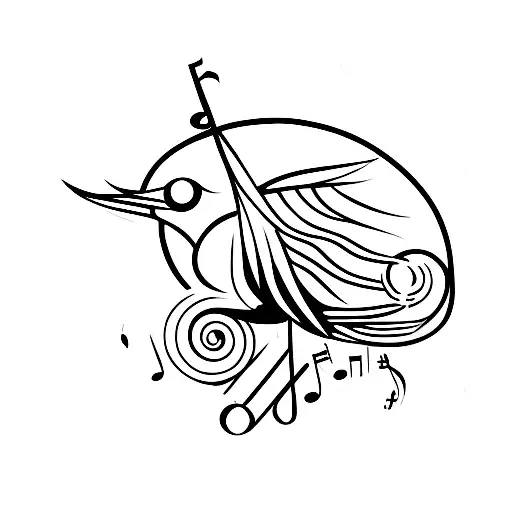 A Minimalist Tattoo Of A Singing Bird Perched On A Branch With Musical Notes Floating Around It