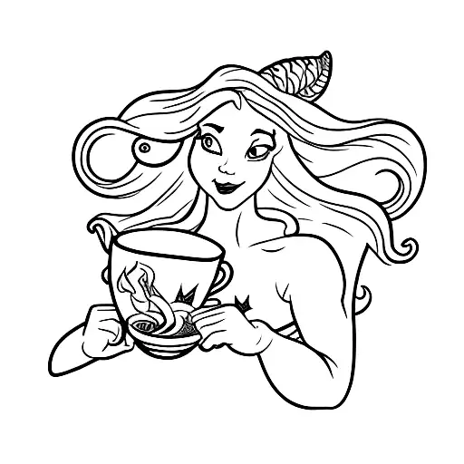 A Minimalist Tattoo Of Ariel From The Little Mermaid Holding A Coffee Mug
