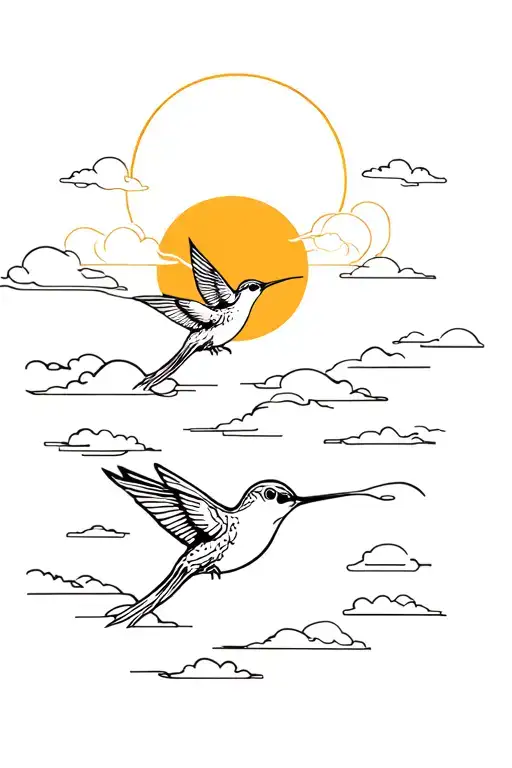Two Humming Bird With A Sun Shining Clouds Surrounding