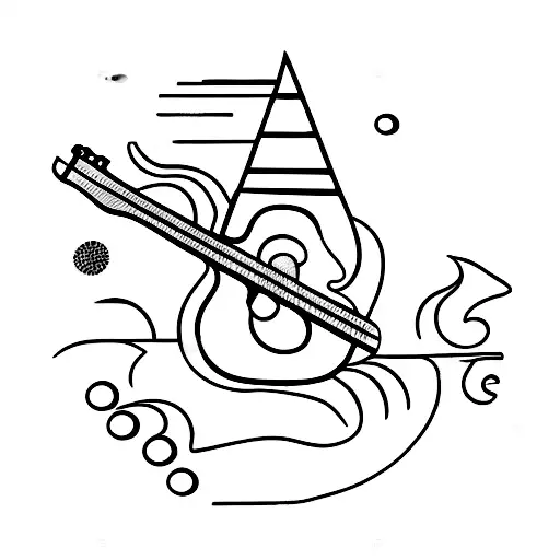 A Minimalist Tattoo Of A Beach Scene With A Guitar In The Foreground