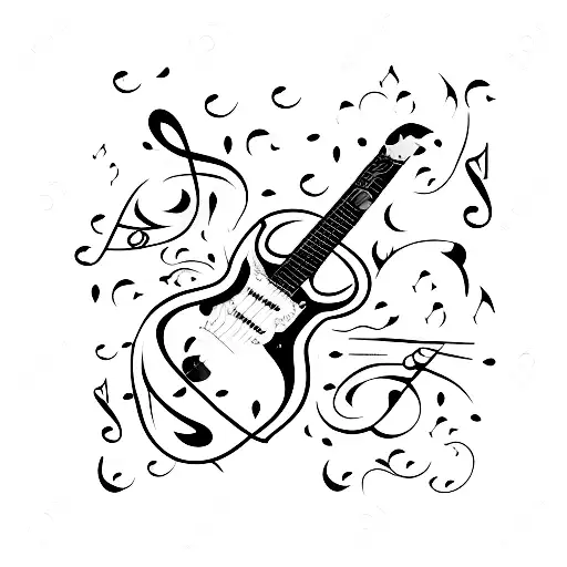 A Minimalist Tattoo Of A Guitar Surrounded By Musical Notes