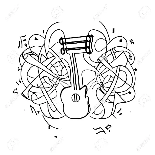 A Minimalist Tattoo Of A Guitar Surrounded By Musical Notes