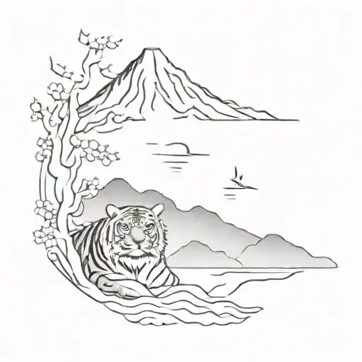 Mount Fuji With A Minimalist Tiger And Turkic Pattern Design