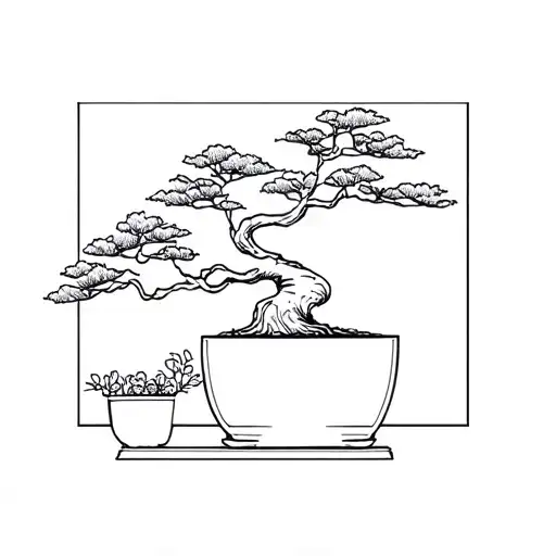 Bonsai Tree In A Rectangle Pot Growing Out To The Left
