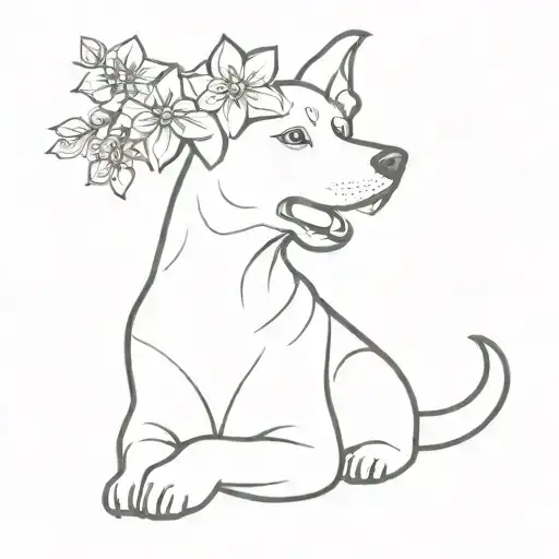 Dog With Flowers Minimal Tattoo Design Incorporating Elements