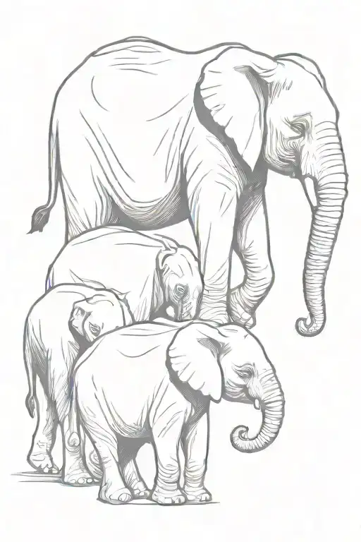 Mother Elephant Leading Three Baby Elephants Walking