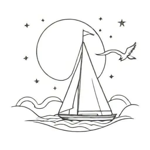 Sail Boat Sailing With Bird Overhead At Night Sky