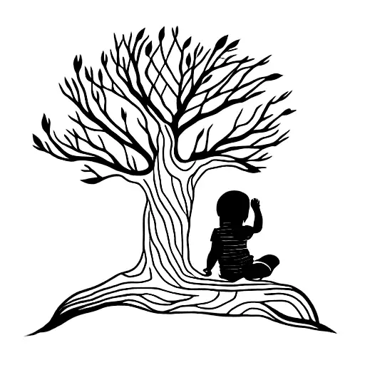 Small Child With Her Back Sitting On A Tree