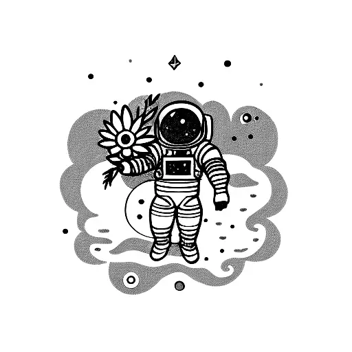Floating Astronaut With Flowers In Space Garden