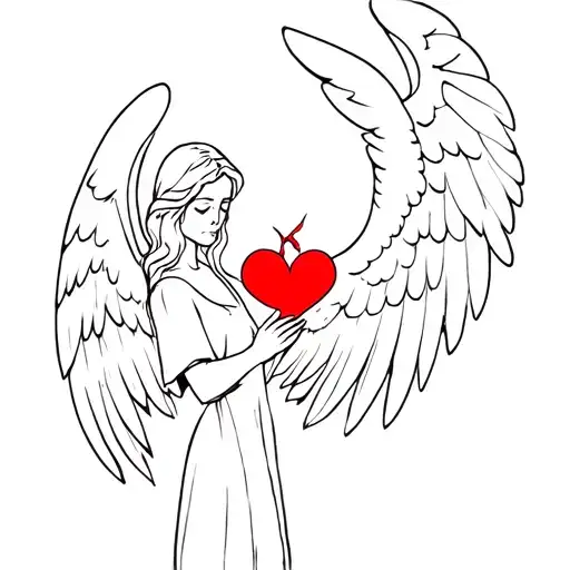 Sad Angel Holding A Broken Heart With No Shading Only Line Work