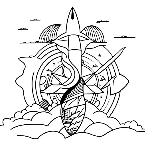 A Minimalist Tattoo Of A Beach Scene With A Spaceship Soaring Through The Sky