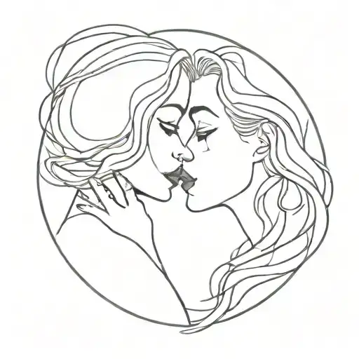 Women Face Kissing Fine Line Silhouette Surrounded