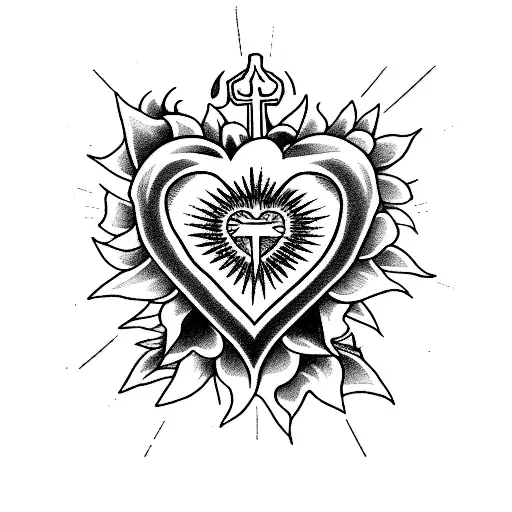 A Line Drawing Of A Sacred Heart With Rays Of Sun And White Lilies In A Mexican Folklore Style