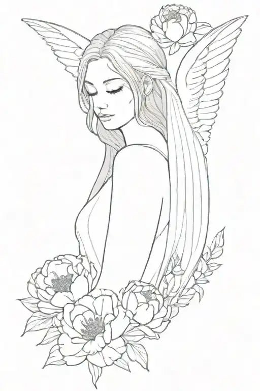 Women Angel With Wings And A Long Veil Surrounded By Peonies