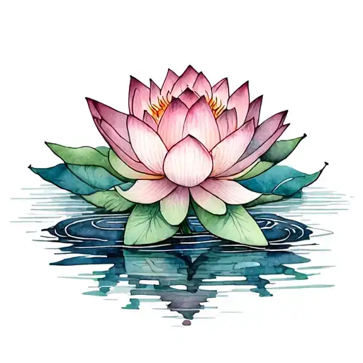 A Watercolor-style Lotus Flower Emerging From A Calm Pond With Mandala Accents
