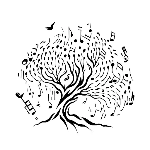 A Minimalist Tattoo Of A Calming Music Sheet Merging With The Branches Of A Tree