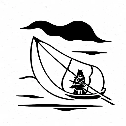 Samurai And Viking On A Boat In The Sea With Water And Reflection