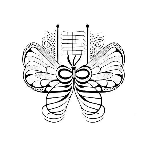 A Dotwork Tattoo Of A Beautiful Libellula Surrounded By Musical Notes And A Treble Clef