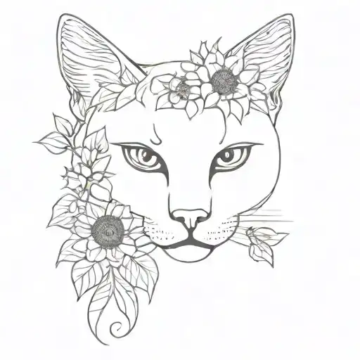 A Cat With Sunflowers Roses And Violets