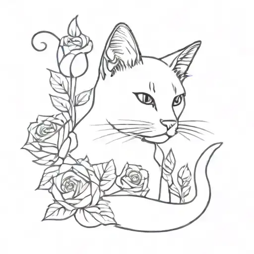 A Cat With Roses And Violet Flowers