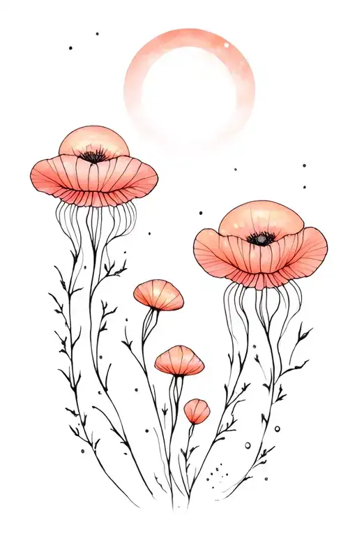 Camiping Mountain Moon Sun Beach Jelly Fish And Poppy And Gladious Back