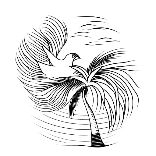 A Minimalist Tattoo Of A Tropical Bird Flying Over A Palm Tree On A Beach