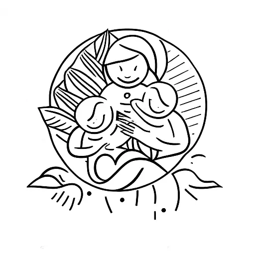 A Minimalistic Design Of A Mother Holding Her Baby Surrounded By Nature Elements