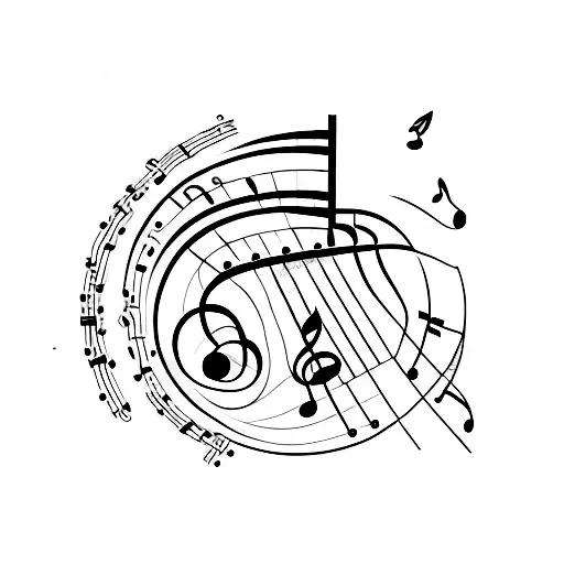 A Minimalist Tattoo Of A Guitar Fretboard With Musical Notes Forming A Scenic Landscape