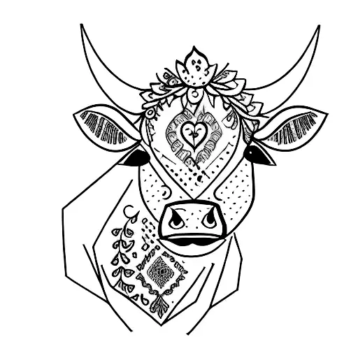 A Traditional Cow Adorned With Floral Patterns And Surrounded By Lush Meadows