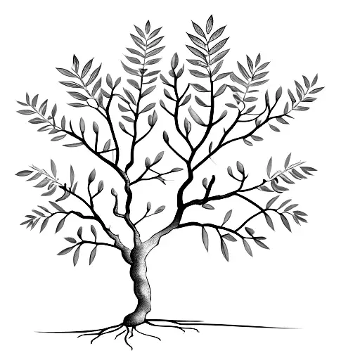 A Minimalist Tattoo Of An Olive Tree With Arabic Script Intertwined In Its Branches