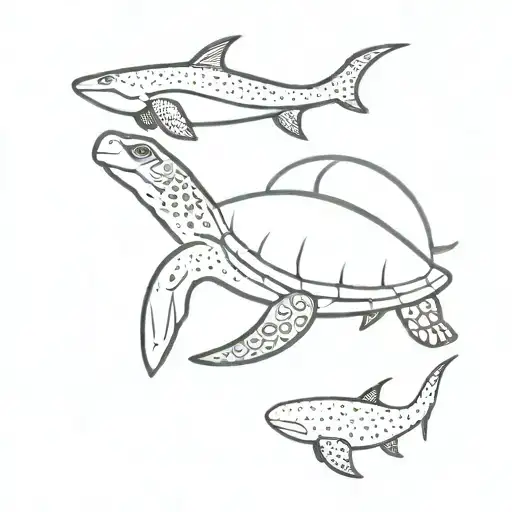 A Minimalist Design Of A Line Sea Turtle With Tribal Fins And A Line Of A Whale Shark In