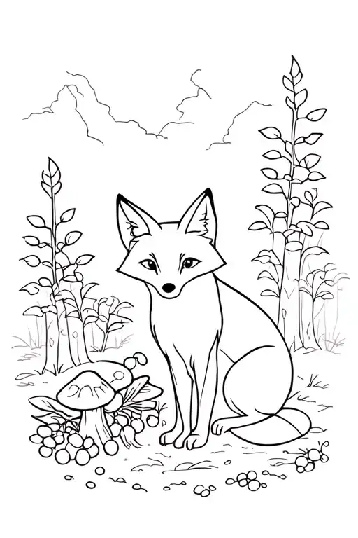 Fox Sitting On Forest Floor With Berries And Mushrooms