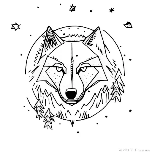 A Minimalist Tattoo Of A Wolf Howling At The Moon In A Forest