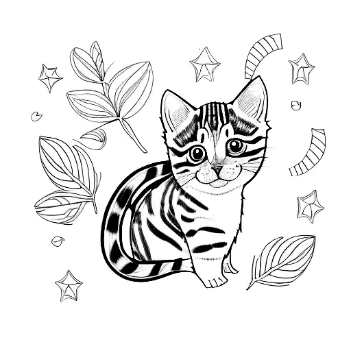 A Sketch-style Tattoo Of The Striped Gray Kitten Peeking Out From Behind A Tree