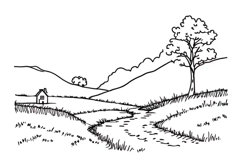 Very Simple Line Tattoo Of Small Farm With Creek And A Tree
