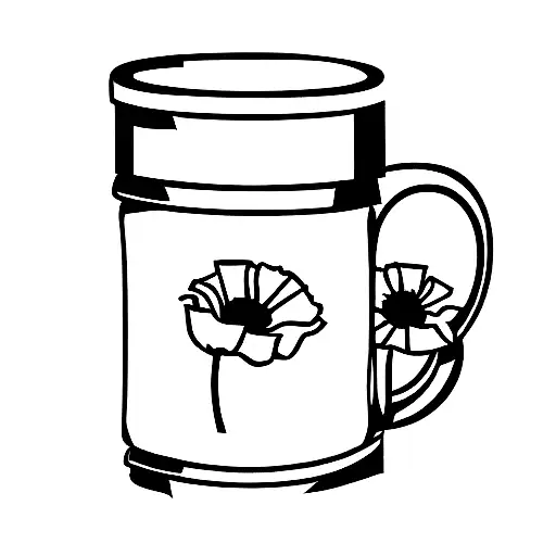 Few Poppy Flowers Behind A Diner Mug Outline Line Art