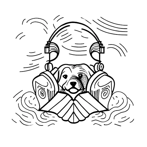 A Minimalist Tattoo Of A Dog Wearing Headphones And Reading A Book