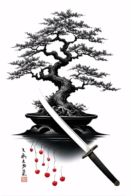 Katana And A Bonsai Tree With Cherry Blossoms Falling