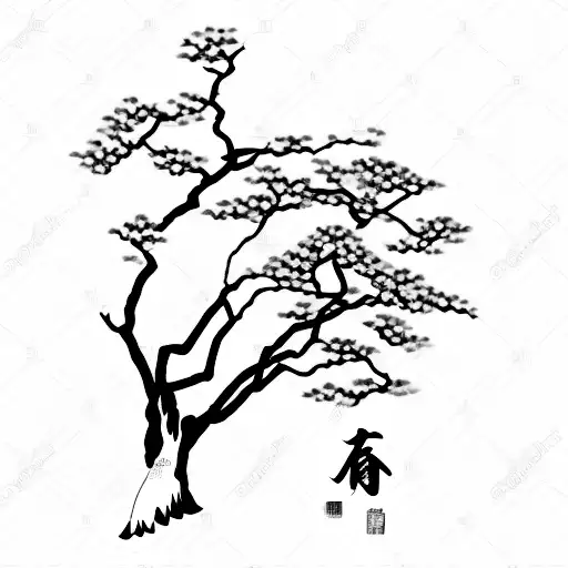 A Tranquil Image Of A Japanese Garden With A Small Dog Resting Under A Cherry Blossom Tree