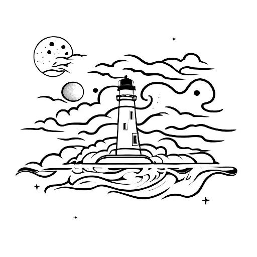 A Minimalist Design Of A Lighthouse Standing Tall On A Rocky Island With A Galaxy Swirling Above It