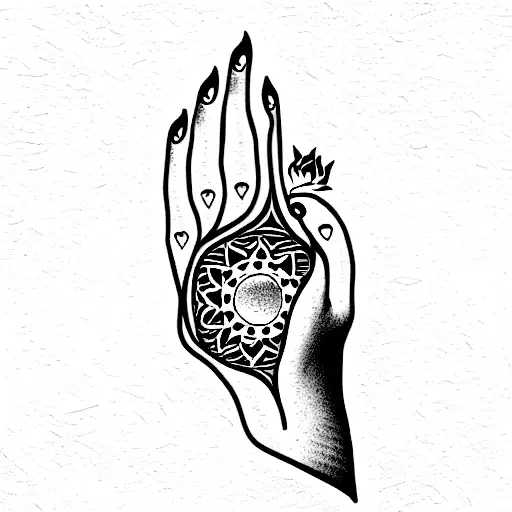 Spiritual Hand With Fire Moon And Lotus