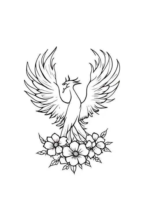 Phoenix With Flowers And Flames Around